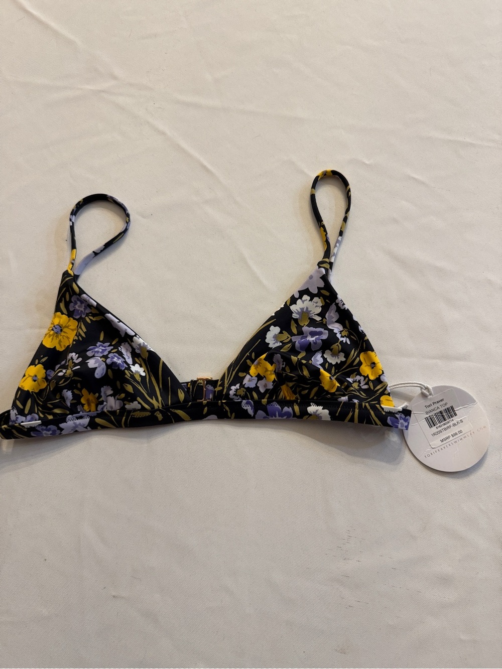 Tori Praver Black Floral Triangle Bralette with Yellow & Lavender Blossoms